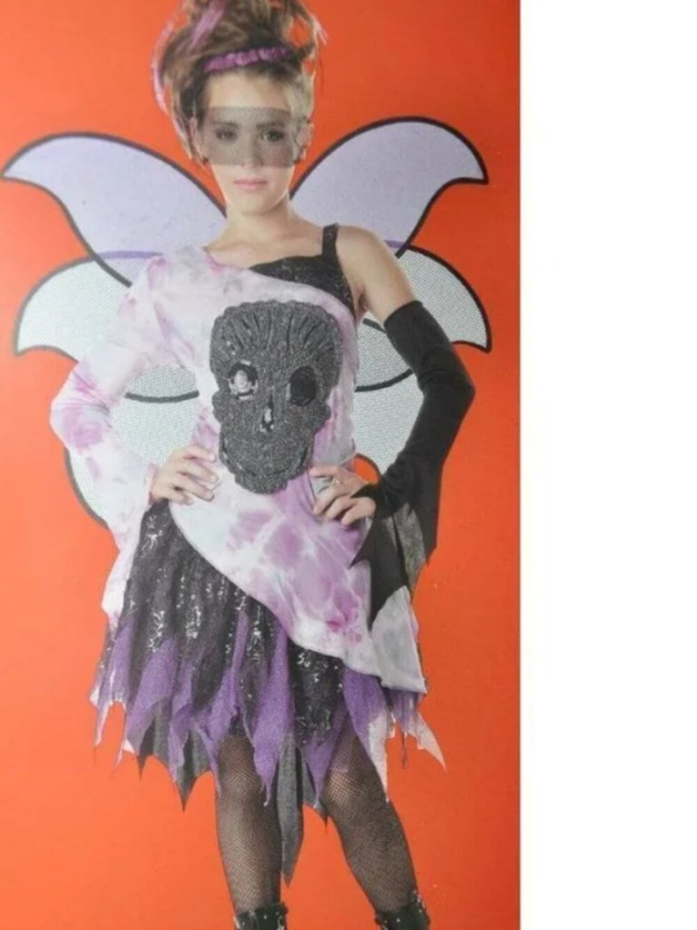 Purple Skull Fairy Halloween Costume 8/10 Dress, Wings, Eye Mask, 5 Pc Girls